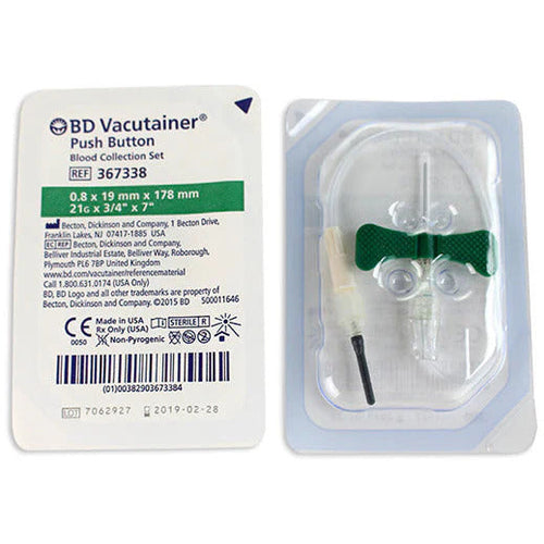 BD Vacutainer 367338 Equipo de Recolección de Sangre con Botón de Seguridad 21G x 19 mm Caja con 50 Piezas