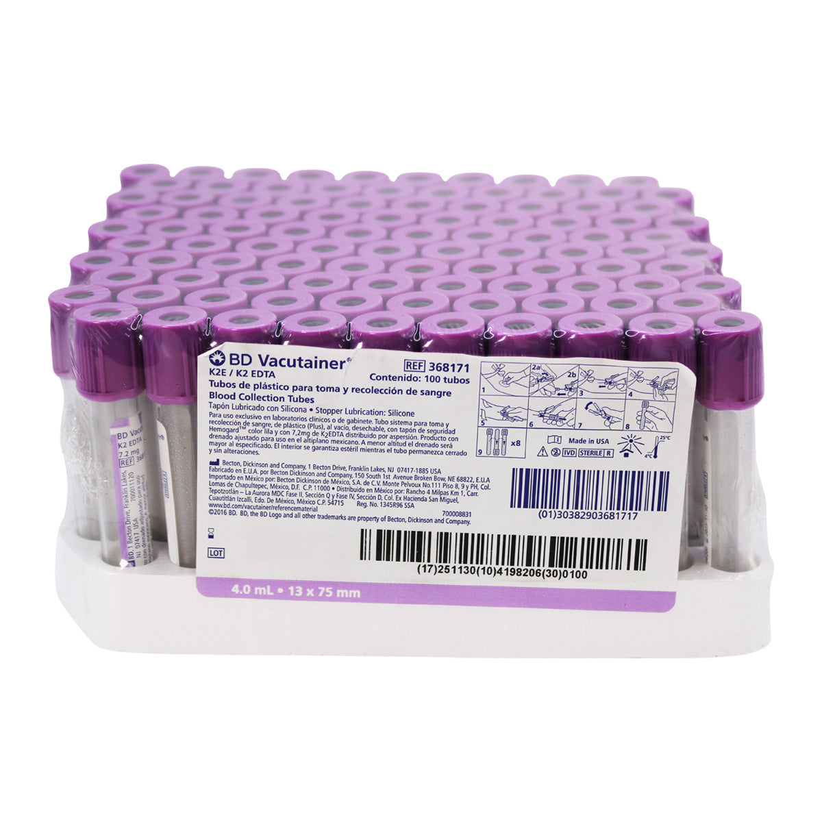 Tubo BD Vacutainer Lila para recolección de sangre con K2EDTA Gradilla